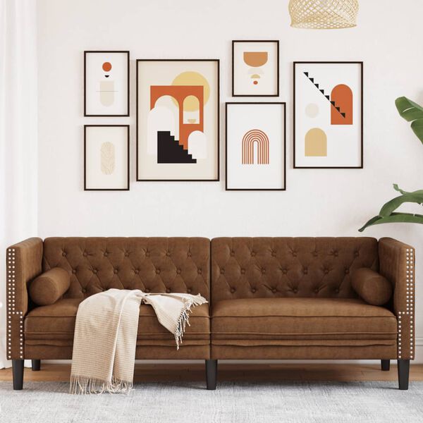vidaXL Chesterfield Sofa with Bolsters 3-Seater Brown Faux Suede Leather