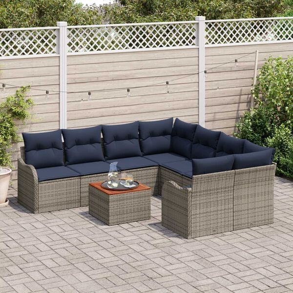 vidaXL 9 Piece Garden Sofa Set with Cushions Grey Poly Rattan Acacia
