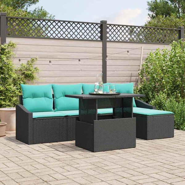 vidaXL Garden Sofa Set with Cushion 6 pcs Black and Blue Poly Rattan