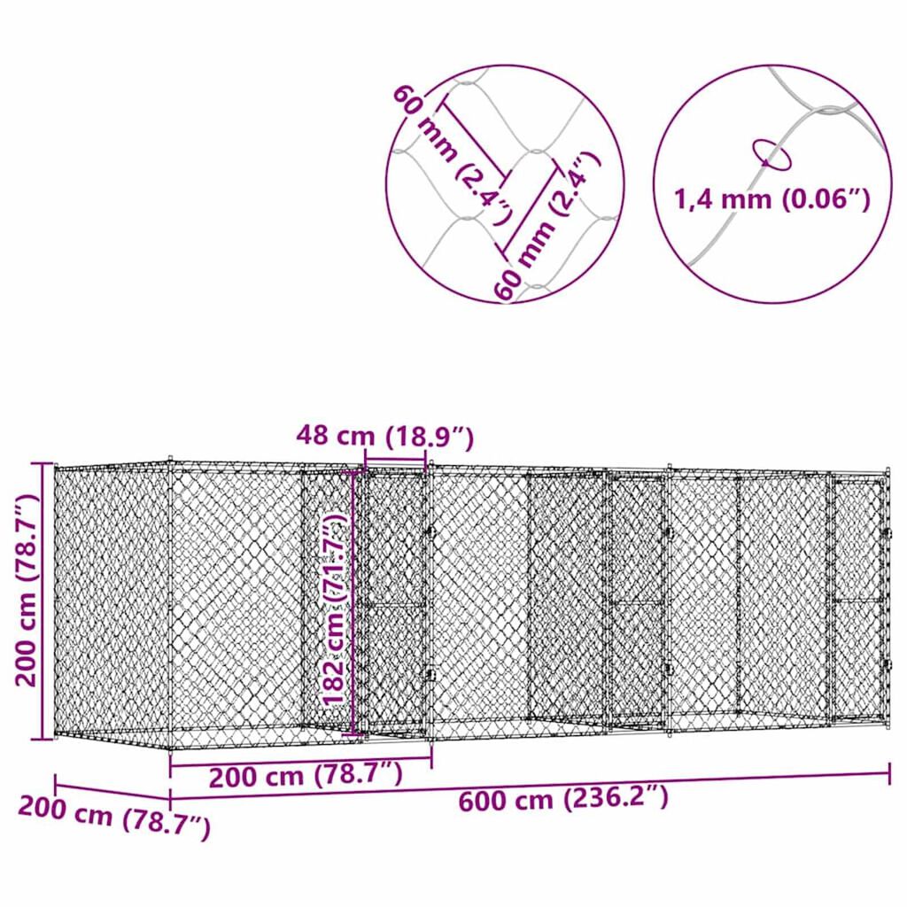 vidaXL Dog Cage Silver 600 x 200 x 200 cm Galvanised Steel