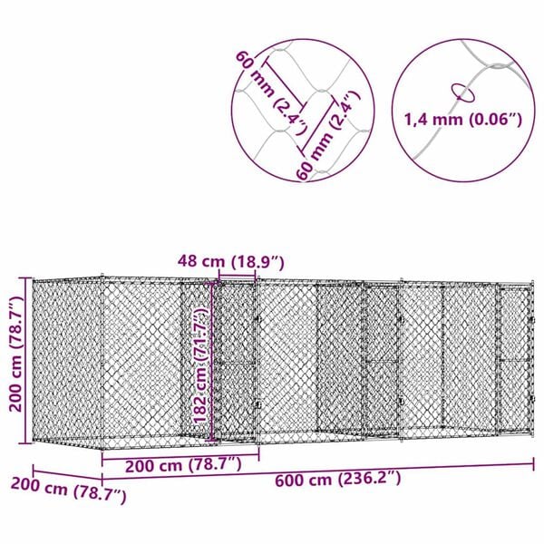 vidaXL Dog Cage Silver 600 x 200 x 200 cm Galvanised Steel