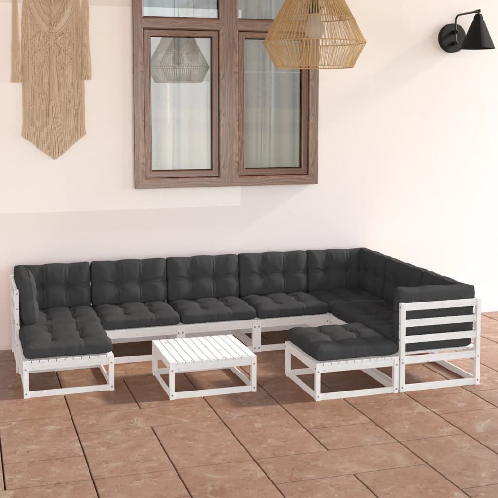 vidaXL 10 Piece Garden Lounge Set with Cushions White Solid Pinewood