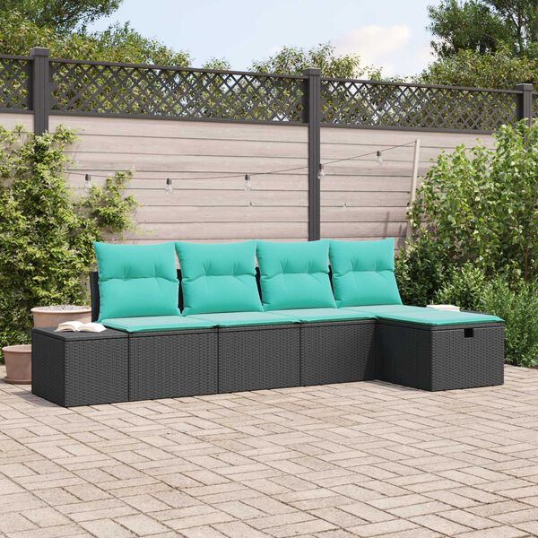 vidaXL 5 Piece Garden Sofa Set with Cushions - Black Poly Rattan