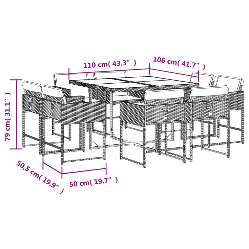 vidaXL 9 Piece Garden Dining Set with Cushions Beige Poly Rattan