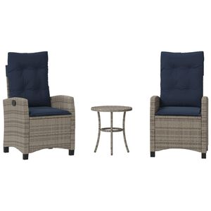 vidaXL 3 Piece Bistro Set with Cushions Grey Poly Rattan