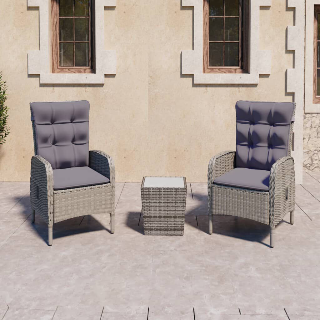 vidaXL 3 Piece Garden Bistro Set Poly Rattan and Glass Grey