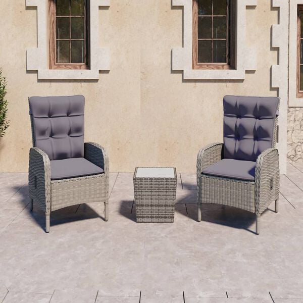 vidaXL 3 Piece Garden Bistro Set Poly Rattan and Glass Grey