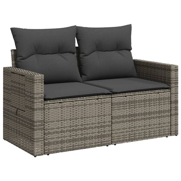 vidaXL Garden Sofa with Cushions 2-Seater Grey Poly Rattan