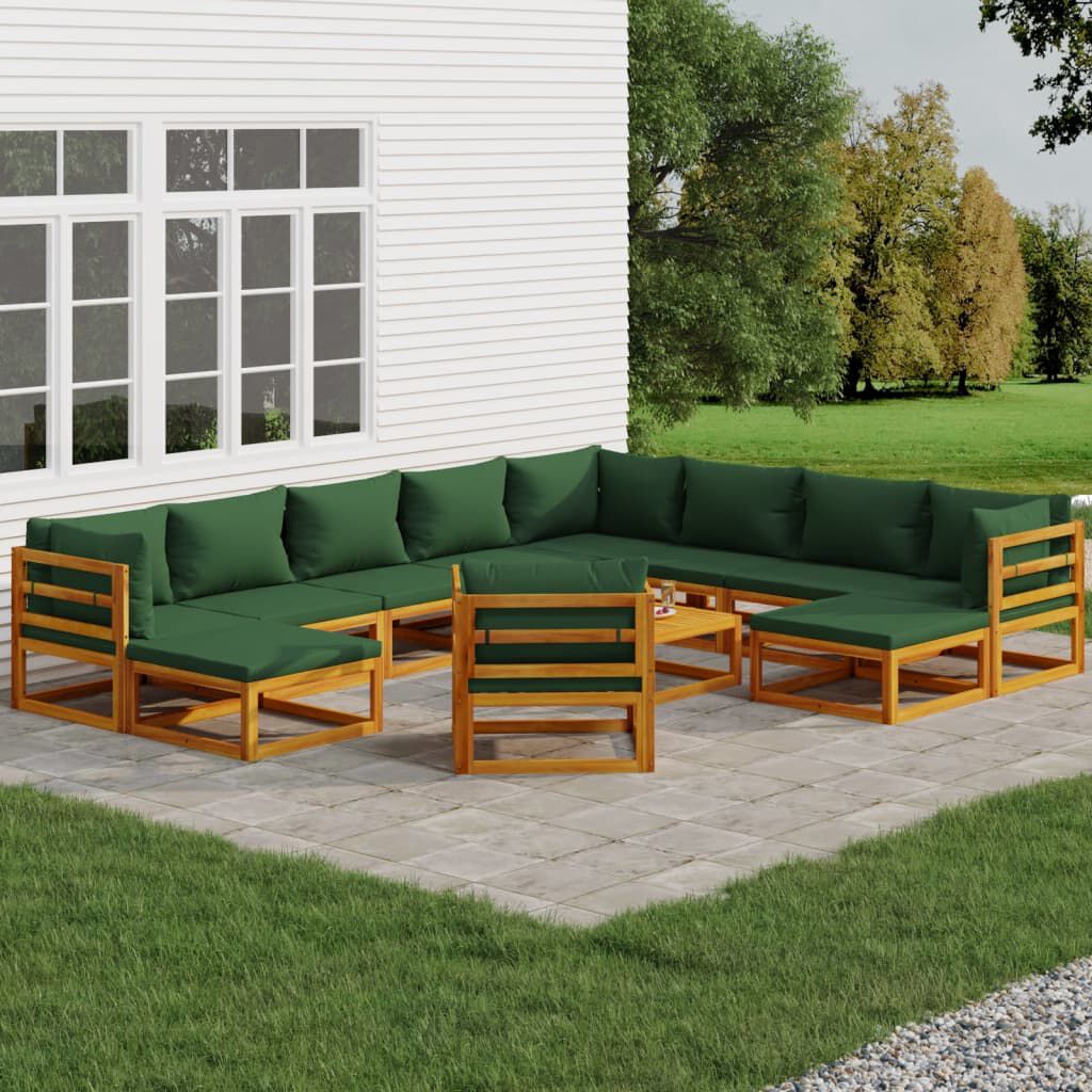 vidaXL 12 Piece Garden Lounge Set with Green Cushions Solid Wood