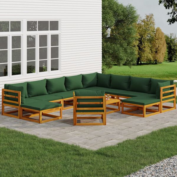 vidaXL 12 Piece Garden Lounge Set with Green Cushions Solid Wood