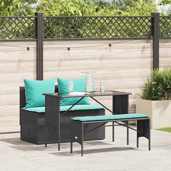 vidaXL 3 Piece Garden Dining Set with Cushions Black Poly Rattan