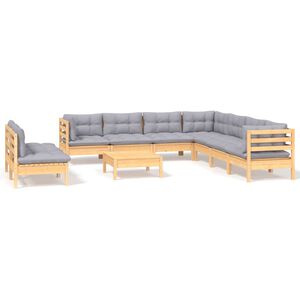 vidaXL 10 Piece Garden Lounge Set with Grey Cushions Solid Pinewood