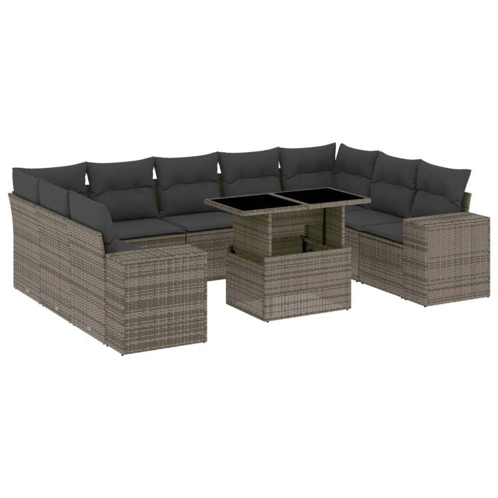 vidaXL 10 Piece Garden Sofa Set with Cushions Grey Poly Rattan