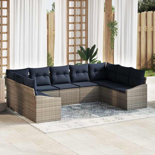 vidaXL Sofa Set with Cushion 9 pcs Grey Poly Rattan