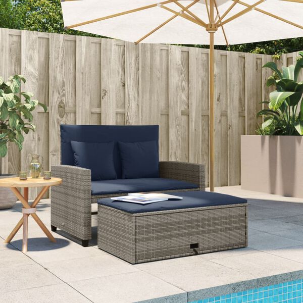 vidaXL Garden Sofa with Cushions 2-Seater Grey Poly Rattan
