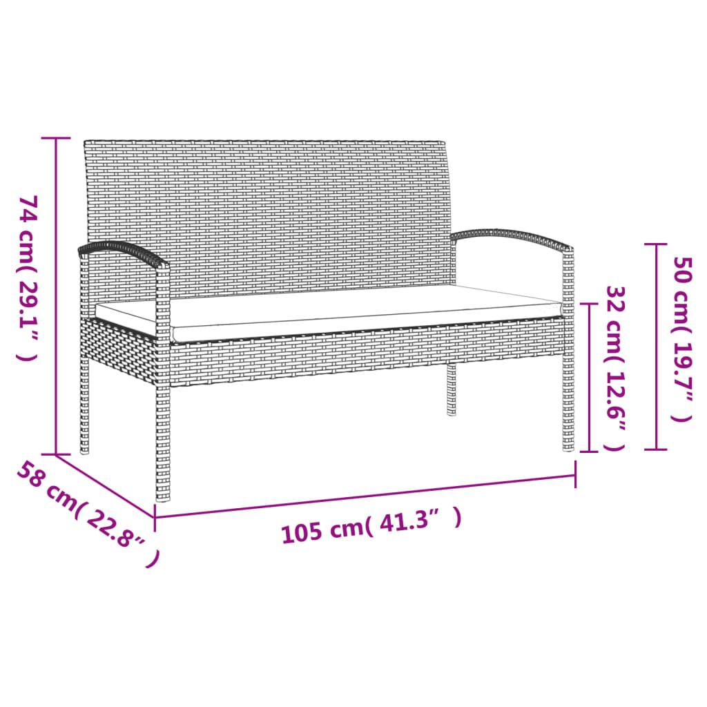vidaXL Garden Bench with Cushion Black 105 cm Poly Rattan