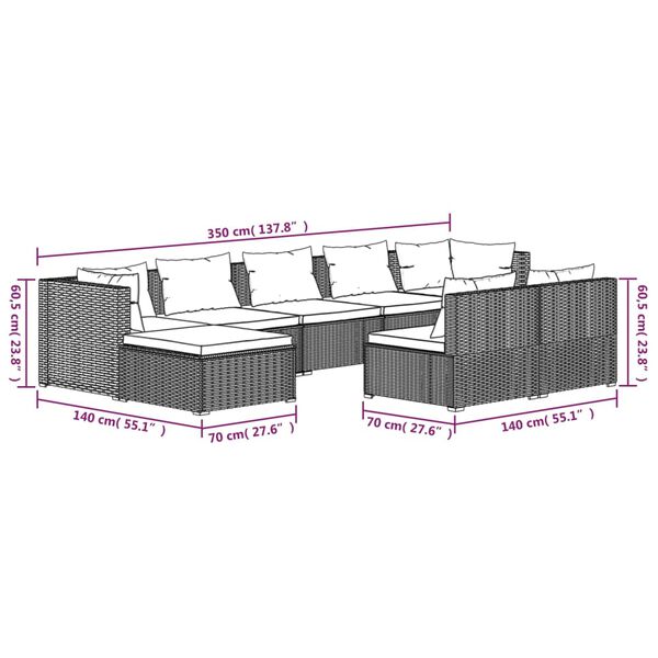 vidaXL 9 Piece Garden Lounge Set with Cushions Brown Poly Rattan