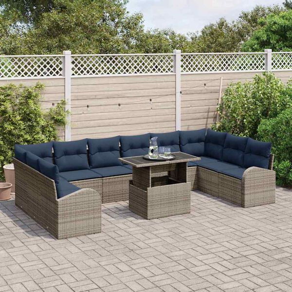 vidaXL Garden Sofa Set 11 pcs Grey and Navy Blue Poly Rattan