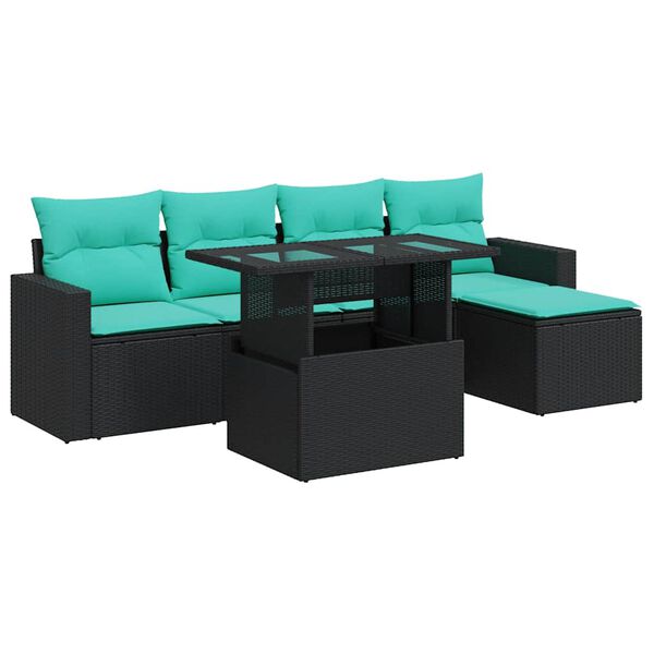 vidaXL 6 Piece Garden Sofa Set with Cushions Black Poly Rattan Acacia