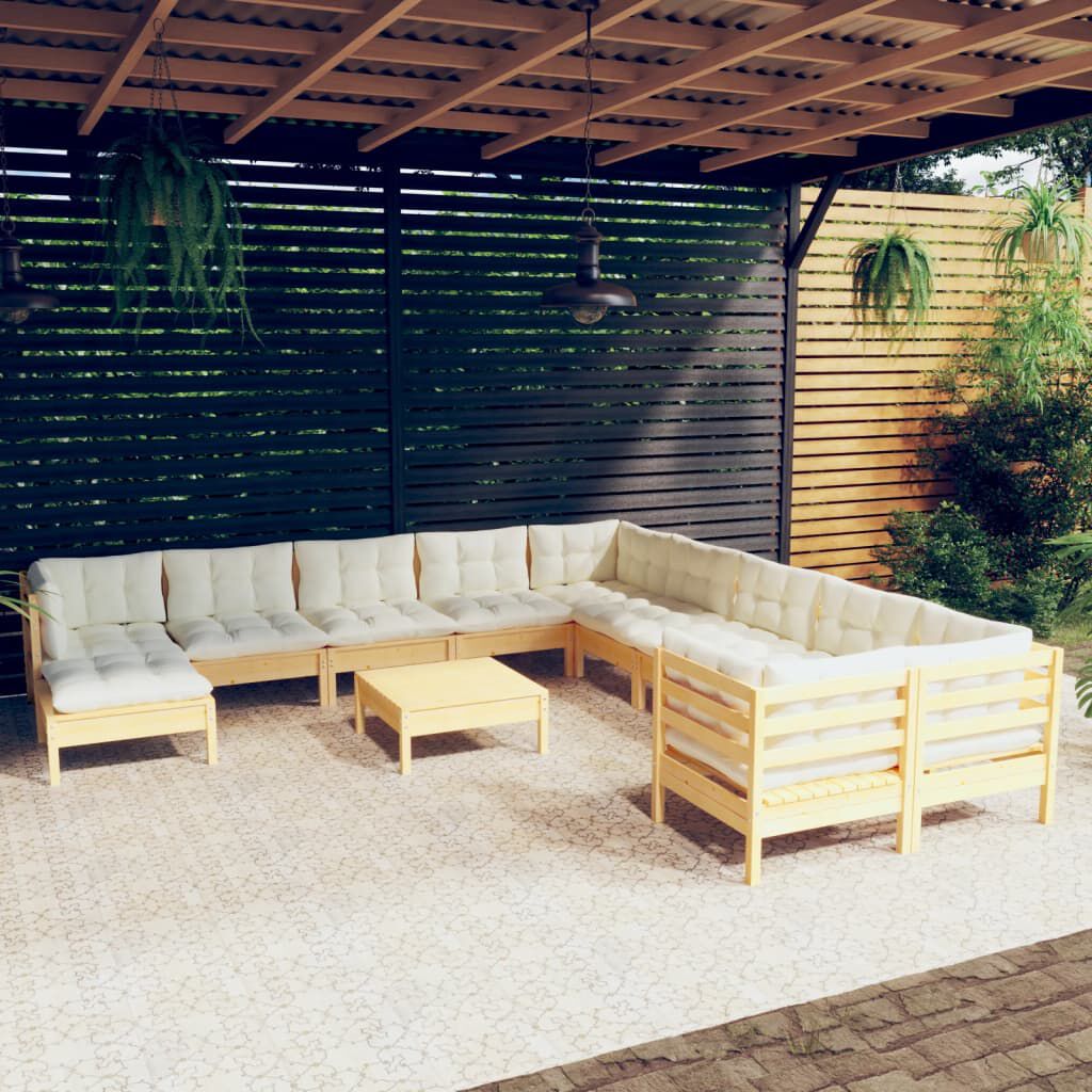 vidaXL 12 Piece Garden Lounge Set with Cream Cushions Pinewood