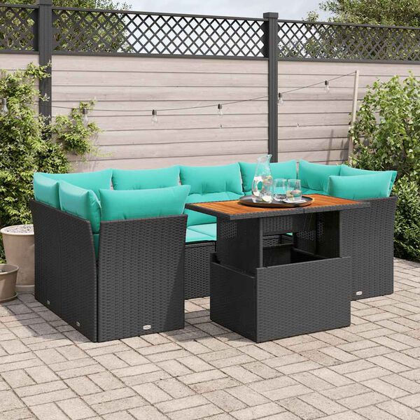 vidaXL 7 Piece Garden Sofa Set with Cushions Black Poly Rattan
