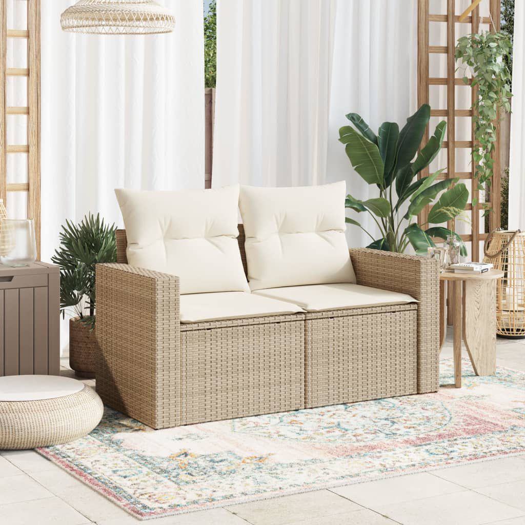 vidaXL Garden Sofa with Cushions 2-Seater Beige Poly Rattan