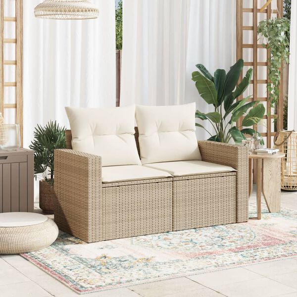 vidaXL Garden Sofa with Cushions 2-Seater Beige Poly Rattan