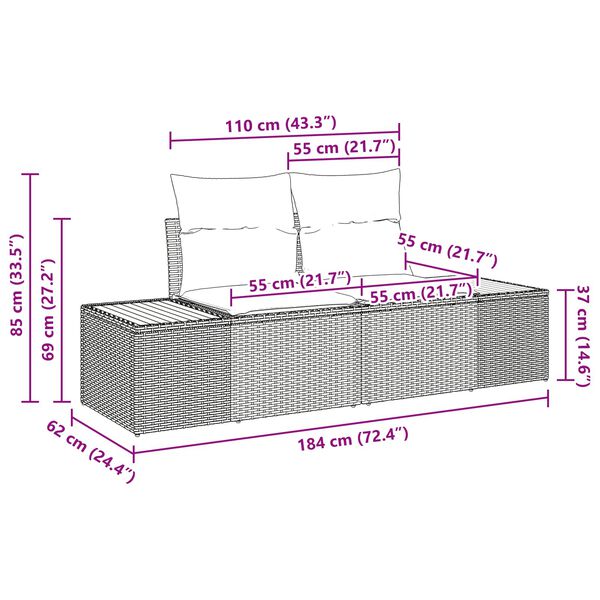 vidaXL Garden Sofa Black 184 x 62 x 85cm Poly Rattan