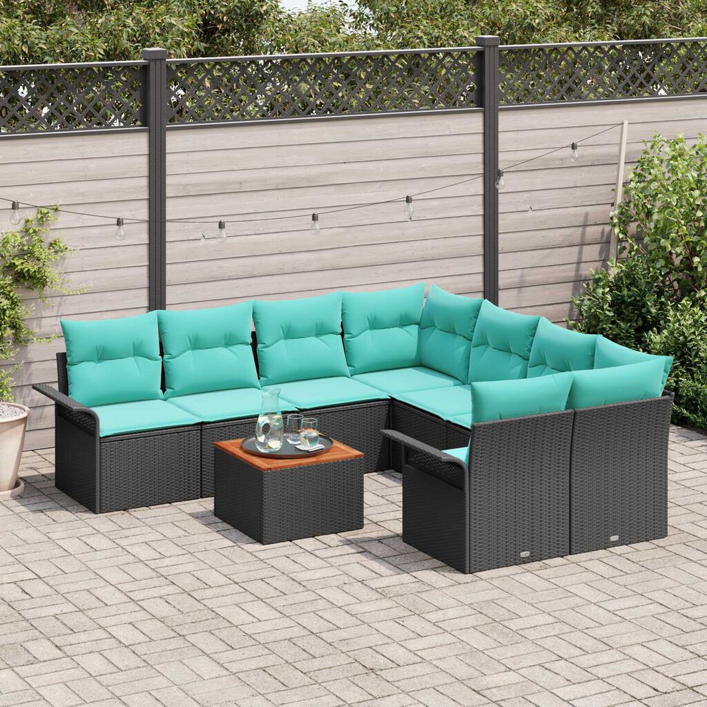 vidaXL 9 Piece Garden Sofa Set with Cushions in Black Poly Rattan and Acacia