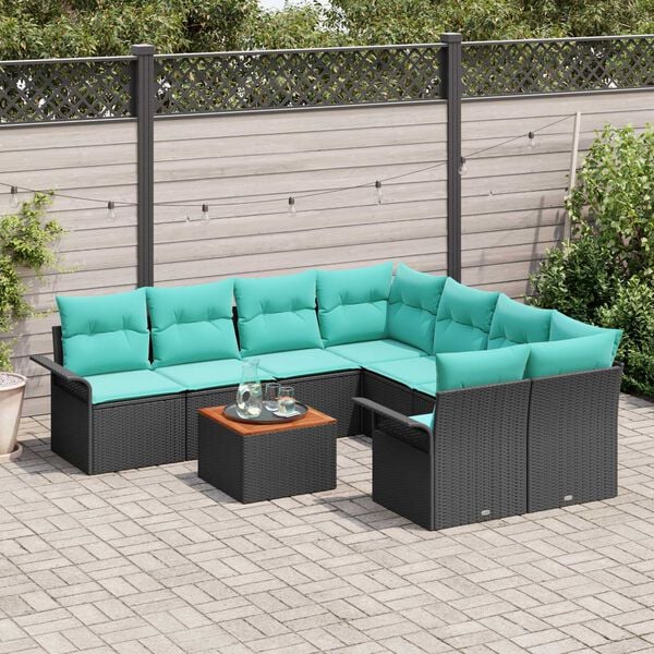 vidaXL 9 Piece Garden Sofa Set with Cushions in Black Poly Rattan and Acacia