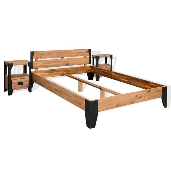 vidaXL Bed Frame with 2 Nightstands Solid Acacia Wood Steel 193x203 cm