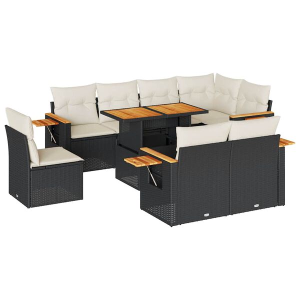 vidaXL 9 Piece Garden Sofa Set with Cushions Black Poly Rattan Acacia