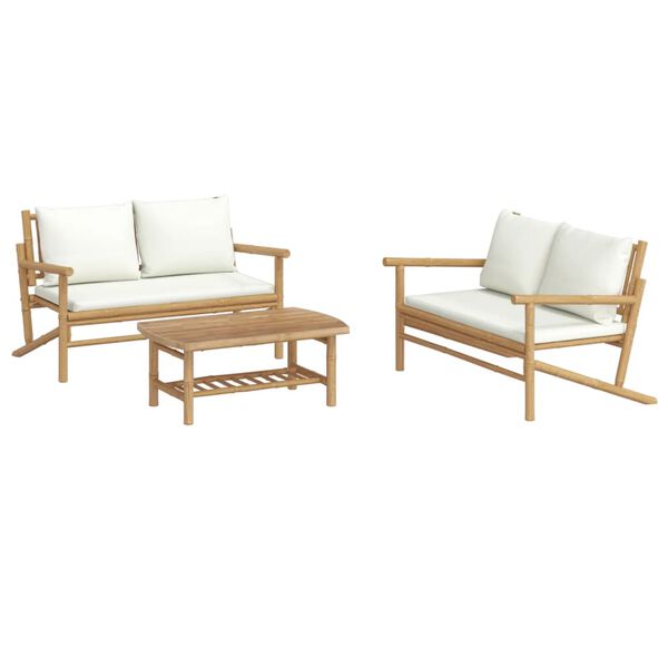 vidaXL 3 Piece Garden Lounge Set with Cream White Cushions Bamboo