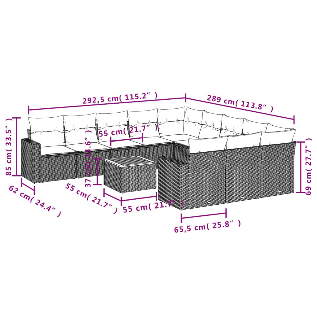 vidaXL 12 Piece Garden Sofa Set with Cushions Black Poly Rattan