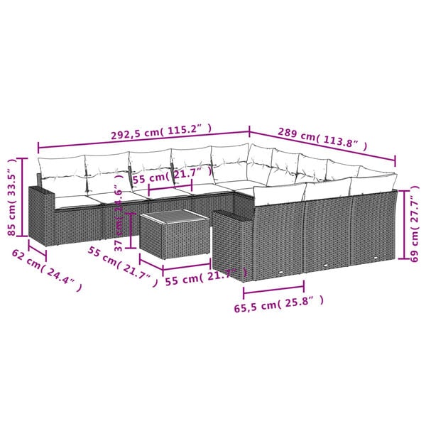 vidaXL 12 Piece Garden Sofa Set with Cushions Black Poly Rattan
