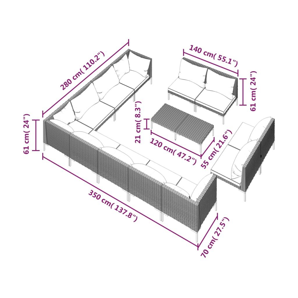 vidaXL 13 Piece Garden Lounge Set with Cushions Poly Rattan Dark Grey