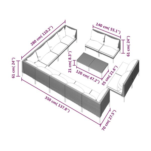 vidaXL 13 Piece Garden Lounge Set with Cushions Poly Rattan Dark Grey