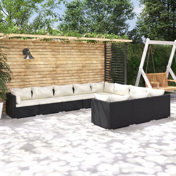 vidaXL 10 Piece Garden Lounge Set with Cushions Poly Rattan Black