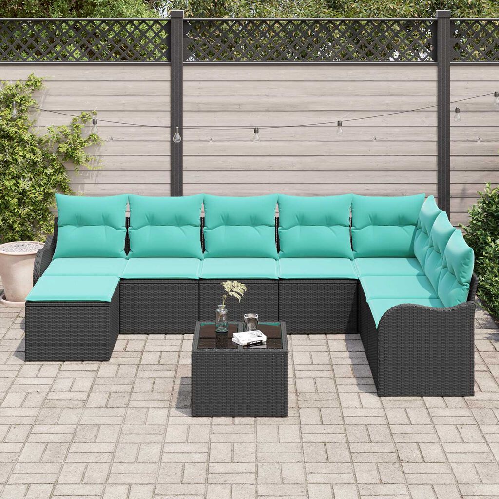vidaXL 9 Piece Garden Sofa Set with Cushions - Black Poly Rattan