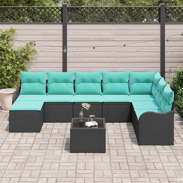 vidaXL 9 Piece Garden Sofa Set with Cushions - Black Poly Rattan