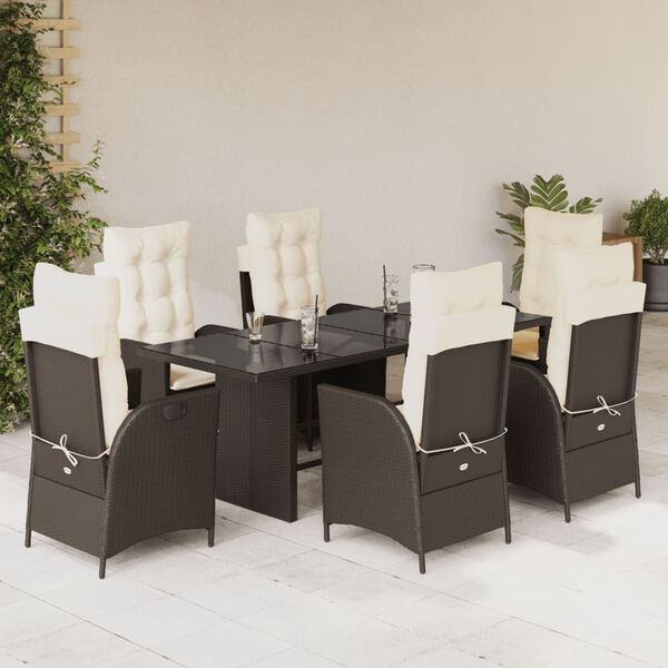 vidaXL 7 Piece Garden Dining Set with Cushions Brown Poly Rattan