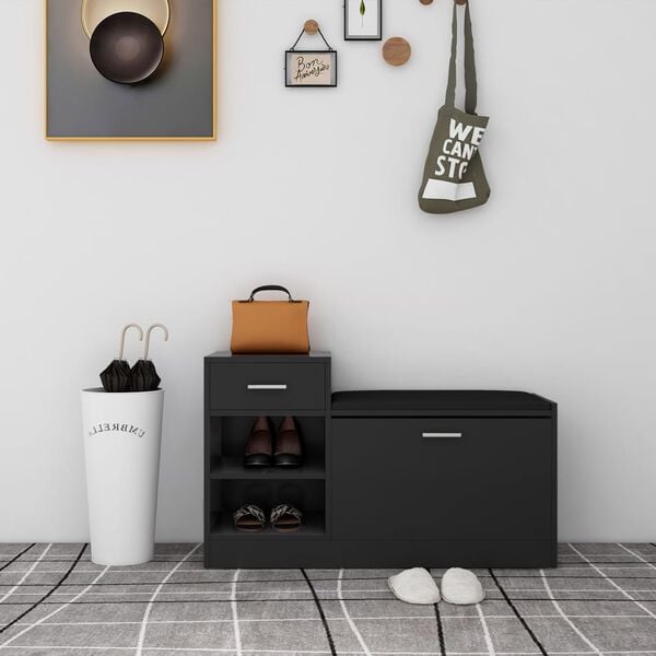 vidaXL Shoe Bench High Gloss Black 94.5x31x57 cm Engineered Wood