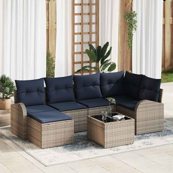 vidaXL Garden Sofa Set with Cushion 7 pcs Grey Poly Rattan