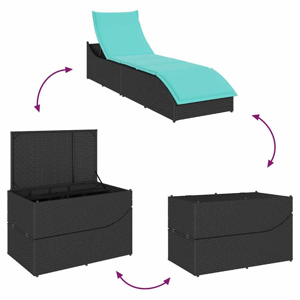 vidaXL Folding Sun Lounger with Cushion and Storage Black Poly Rattan