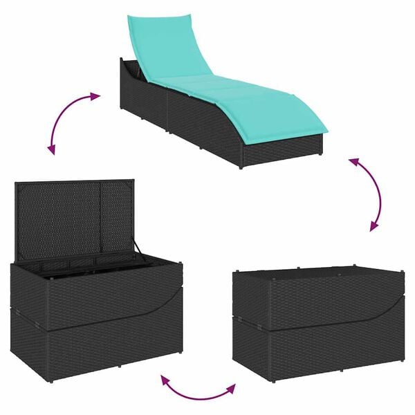 vidaXL Folding Sun Lounger with Cushion and Storage Black Poly Rattan