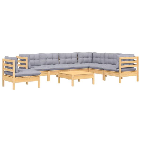 vidaXL 8 Piece Garden Lounge Set with Grey Cushions Solid Pinewood