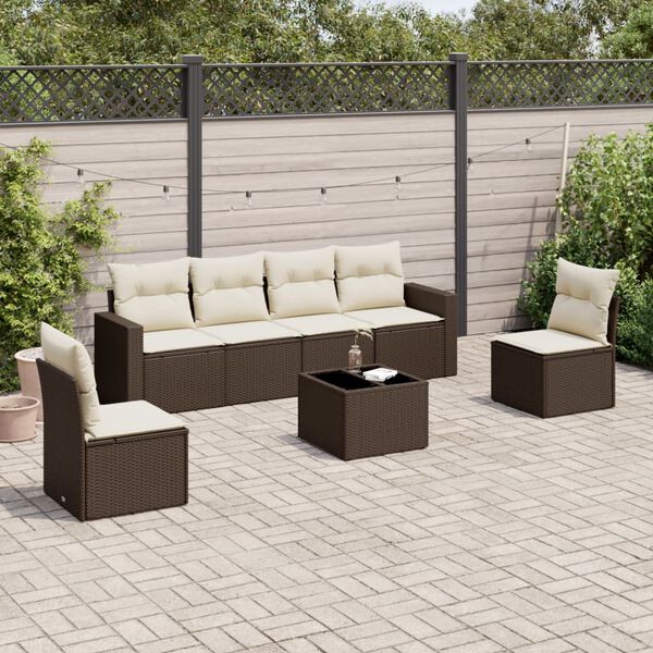 vidaXL 7 Piece Garden Sofa Set with Cushions Brown Poly Rattan