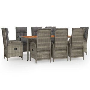vidaXL 9 Piece Garden Dining Set with Cushions Grey Poly Rattan