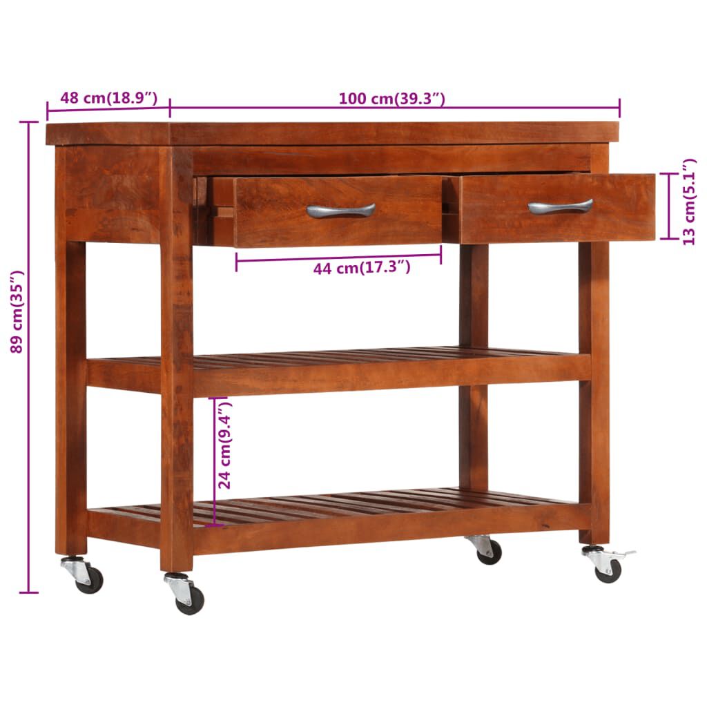 vidaXL Kitchen Trolley 100x48x89 cm Solid Acacia Wood