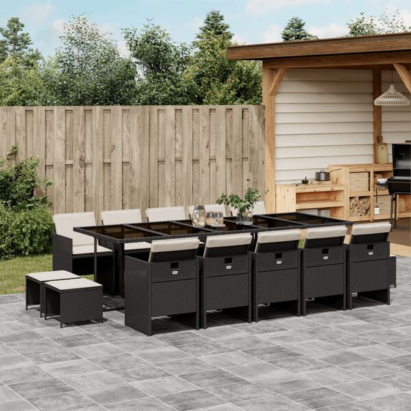 vidaXL 15 Piece Garden Dining Set with Cushions Black Poly Rattan
